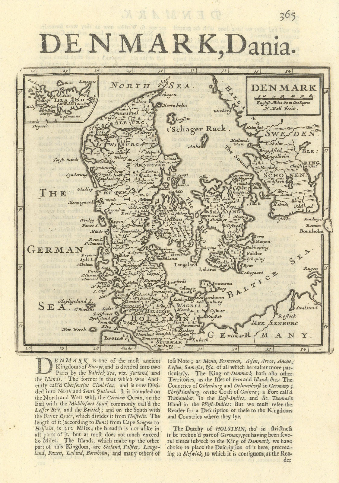 Denmark by Herman Moll. Southern Sweden & Iceland 1709 old antique map chart